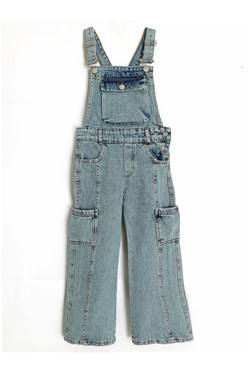 DobaKids Pocket and Button Detailed Wide Leg Girl's Overalls 2-15 Years Blue