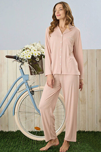 Pijamoni Women's Pajamas Set Long Sleeve Shirt Neck Pocket Ribbed