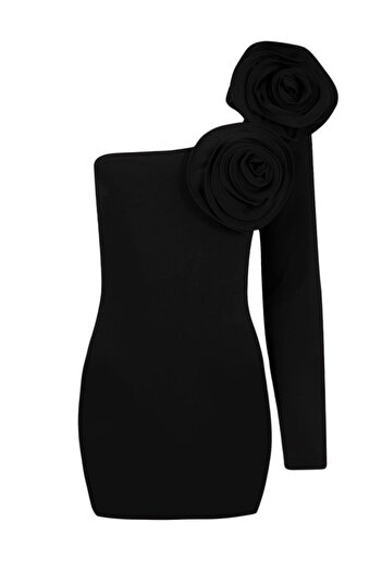 La Sarta Galia Rose Detailed One Sleeve Black Dress