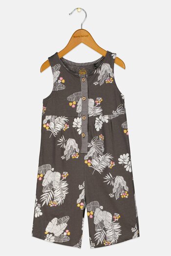 Cool Club Toddlers Girl Round Neck Floral Print Sleeveless Romper, Dark Grey Combo