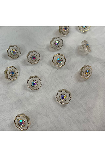 Bukle İplik 20" Button - Flower Clear Hologram with Crystal Stones, Gold Frame, Plastic, Stitched