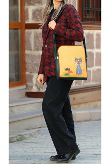 HOODİEMOUSE Ethnic Bohemian Style Large Postman Shoulder Bag with Mouse Cat Figure - Green