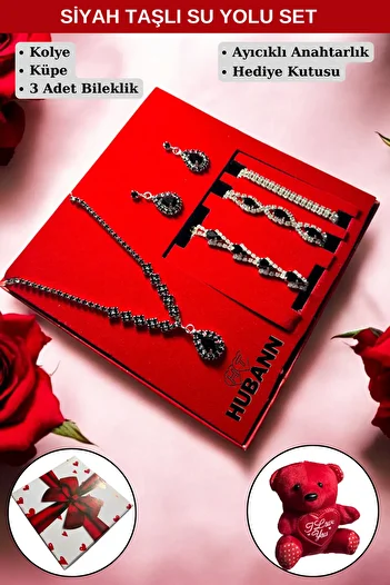 HUBANN Black Stone Jewelry Set with Teddy Bear Keychain - Gift Product for Lover
