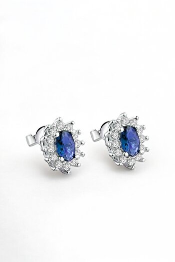 jelux silver Gümüş 925 Ayar Çivili Zirkon Taşlı Anturajlı Safir Oval Küpe