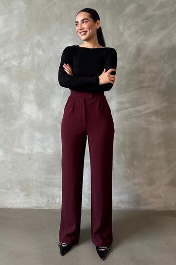 Madmext Burgundy Lycra Velcro Closure Palazzo Trousers Mg2291