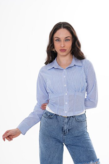 ŞİMAL Women's Stripe Patterned Rubber Detailed Short Shirt 250249   -