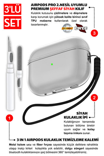 EWEC Pro 2Nd Generation Compatible - Clear Black Headphone Sleeve with Black Headphone Lanyard and Cleaning Pen in 1