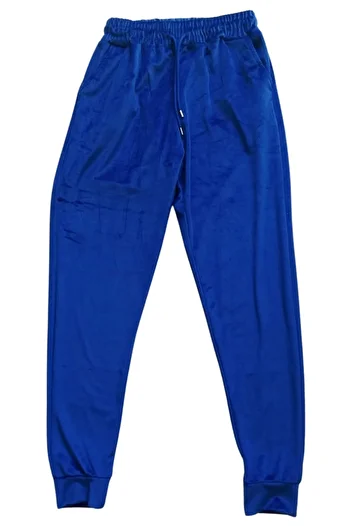 Royaleks Shiny Velvet Pocket Trousers Sweatpants Pajama Bottoms Plus Size Unisex Elastic Leg Blue