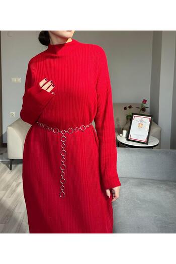 AB LOOKS Women's Red Thick Winter Cotton Knitwear Oversize Loose Long Dress Loose Fitting Women's Maxi Length Hijab