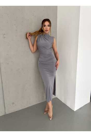 Butik Merrline Жіноча елегантність сірі плечі драпіровані нульовий рукав з розрізом повсякденні пісочний елегантне вечірнє плаття