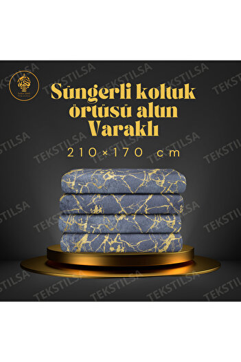 Tekstilsa Koltuk Çekyat Örtüsü Yeni Moda Altın Varaklı Dekoratif Simli Antrasit Süngerli Koltuk Örtüsü 1adet