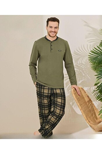 Pijamoni Ανδρικό σετ πιτζάμες με μακρυμάνικο γιακά με βαμβακερό κουμπί 100/11 - 1 Τεμάχιο