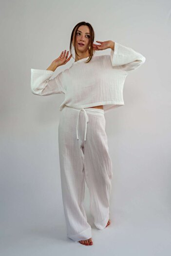 Jalapa Rosa Beyaz Müslin Oversize Pijama Takımı