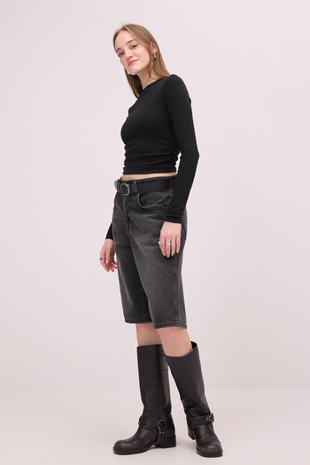 Addax Crew Neck Gathered Sides Basic Blouse B4164-U13