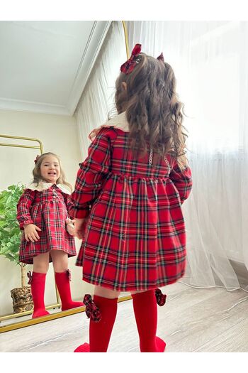 bir dünya çocuk Girl's Plaid Patterned Dress with Teddy Bear Detail