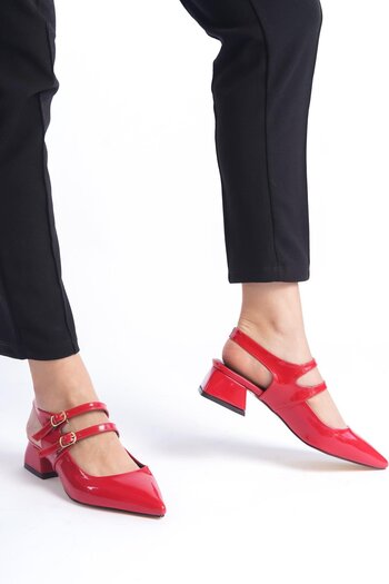 Bak Store Mary Jane Red Patent Leather Open Back Pointed Toe Short Heeled Shoes
