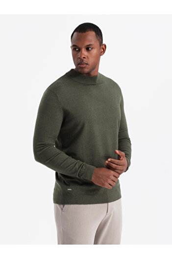 OMBRE Men's knitted half turtleneck with viscose - dark olive V5 OM-SWTN-0125 L