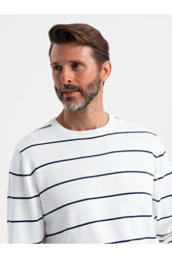 OMBRE Ανδρικό casual πουλόβερ με οριζόντιες ρίγες - κρεμ V2 OM-SWSW-0143 XL