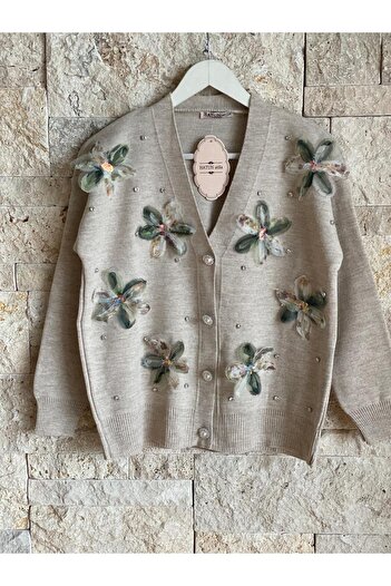 Hatun Atila Grey Hatunatila Knitwear Cardigan - Tulle Flower and Pearl Detailed Cardigan