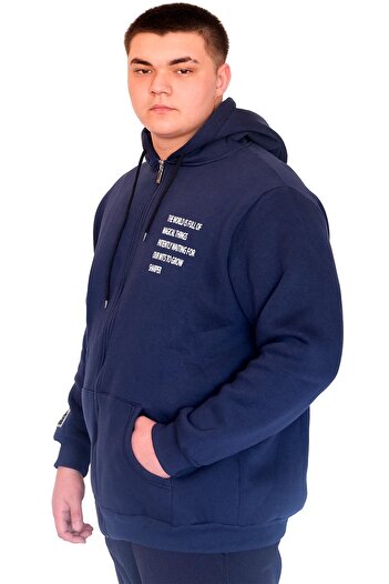 ModeXL Mode XL Büyük Beden Erkek Kapüşonlu Sweatshirt Fermuarlı 3 İp BRONX U24560 İndigo