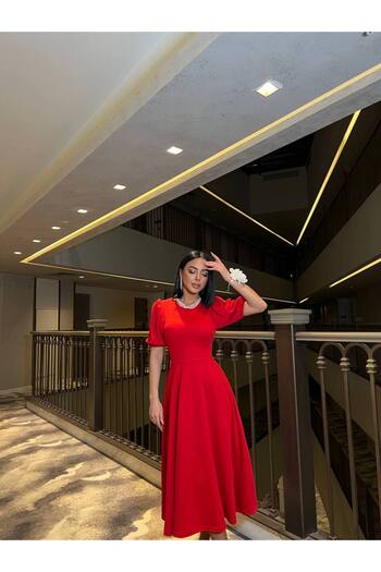 Secret Passion Lingerie New Season Short Balloon Sleeve Scuba Crepe Fabric Midi Women's Dress 583151
