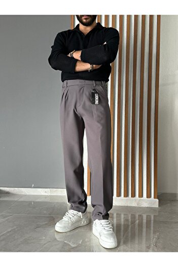 LA 1 END Long Tongue Detailed Pleated Baggy Fabric Trousers