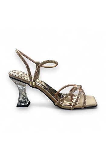 Firibu Women's Silver Transparent Heeled Stone Evening Dress Low Heeled Evening Dress Shoes