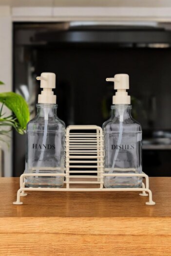 homsel Set of 2 Glass Liquid Soap Dispensers with Metal Stand - Stylish Design for Kitchen & Bathroom