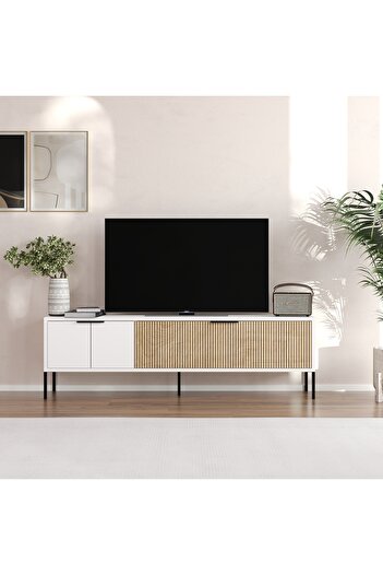 MERT SERT MOBİLYA Noah Tv Sehpası, Metal Ayak, Metal Kulp, Lazer Çizgi Detaylar,150 Cm