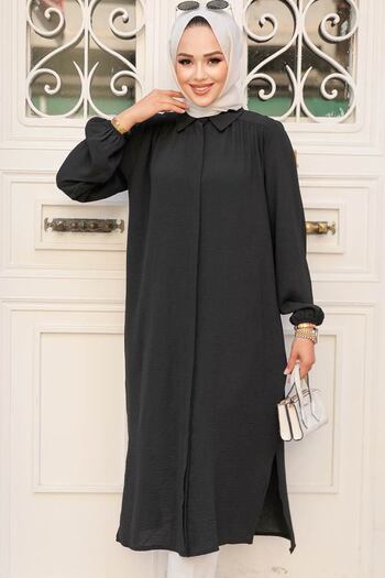 Neva Style Buttoned Black Hijab Dress 41401S