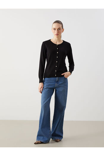 LC Waikiki Black Crew Neck Women's Knitwear Cardigan
