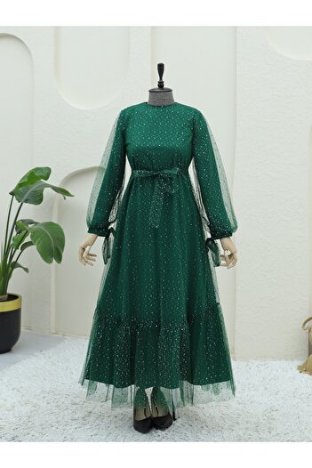 Modamorfo Spread Sequin Detailed Sleeve Lace up Tulle Dress -Emerald