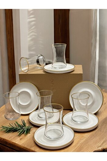 Carmen Soft Elora Gold 12-Piece Tea Cup Set, Glass Tea Set for 6 People