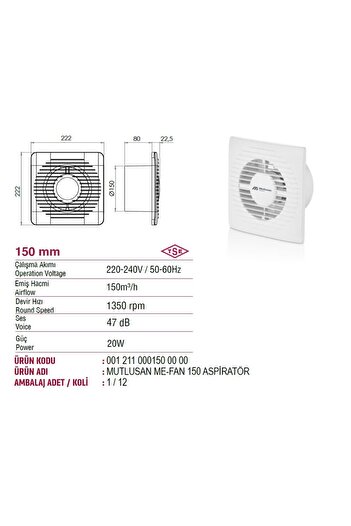 Mutlusan Me-FaN 150'lik Havalandırma Aspiratörü