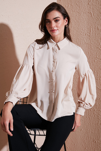 Lela Regular Fit Stitching Detail Solid Neck Balloon Sleeve Shirt Shirt 611Go00003