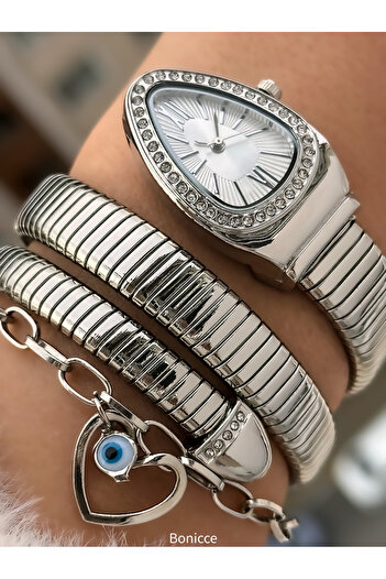 Bonicce Heart Bracelet with White Dial and Snake Watch - Stones Silver Band