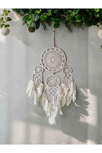 Halley Concept El Yapımı Beyaz Örgü Dantel ve Kuş Tüyü Süslemeli 4'lü Düş Kapanı Dreamcatcher