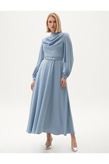 Kayra Stylish Dress with Belt Detail Deniz Buz
