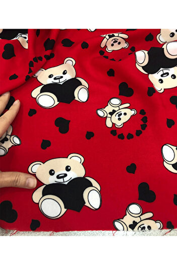 turkanlarhome Imported Viscose Fabric 100% Cotton Double Redest Teddy Bear Pattern