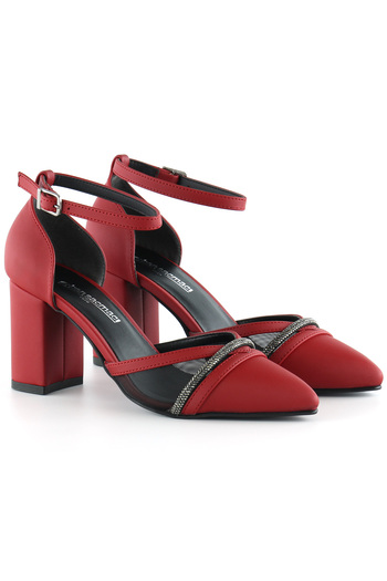 Erkan Saçmacı Molly Red Satin Stone Mesh Thick Heeled Shoes 7 Cm.