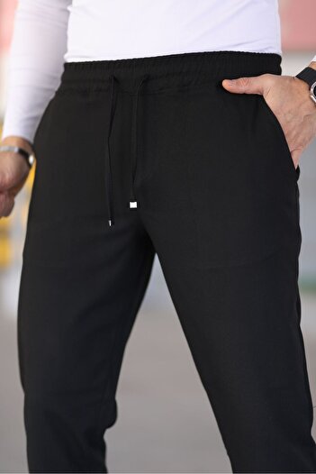 Bürke Men's Black Color Elastic Waist Lace up Stretchy Fitted Jogger Pants Fabric Trousers
