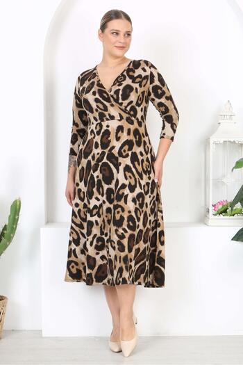 Mooi XXL Women's Coffee Black Leopard Print Long Sleeve Double Breasted Collar Plus Size Maxi Dress