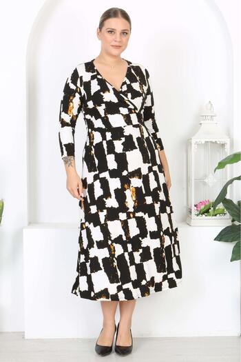 Mooi XXL Women's Black and White Abstract Pattern Long Sleeve Double Breasted Collar Plus Size Maxi Dress