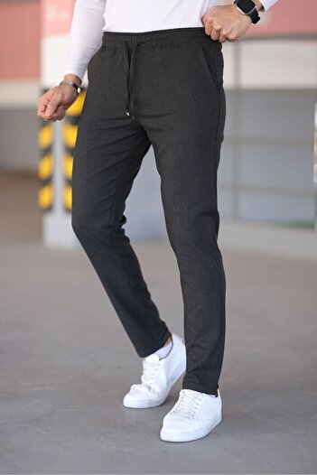 Bürke Erkek Antrasit Renk Beli Lastikli Bağcıklı Esnek Fitted Jogger Pantolon Kumaş Pantolon