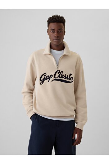 GAP Erkek Bej Gap Logo Vintage Soft Fermuarlı Pullover Sweatshirt
