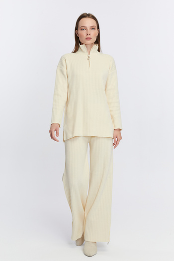 CNR TEKSTİL Women's Ribbed Collar, Zippered Leg Slits, Side Zipper Knitwear Suit