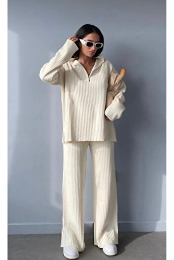 CNR TEKSTİL Women's Ribbed Collar, Zippered Leg Slits, Side Zipper Knitwear Suit