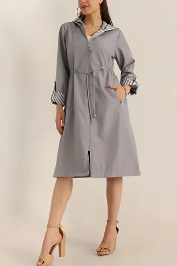 hazelin Women's Gray Drawstring Waist Hooded Long Trench Coat Hzl22W-Bd190911