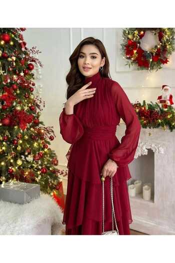 MODA DURAĞI Red Midi Chiffon Women's Dress - Full Design