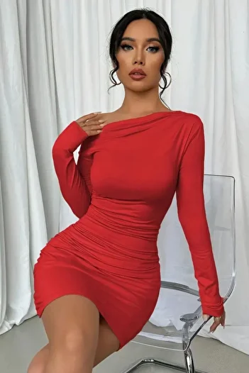 Mossta Long Sleeve One Shoulder Open Drawstring Sandy Dress Red